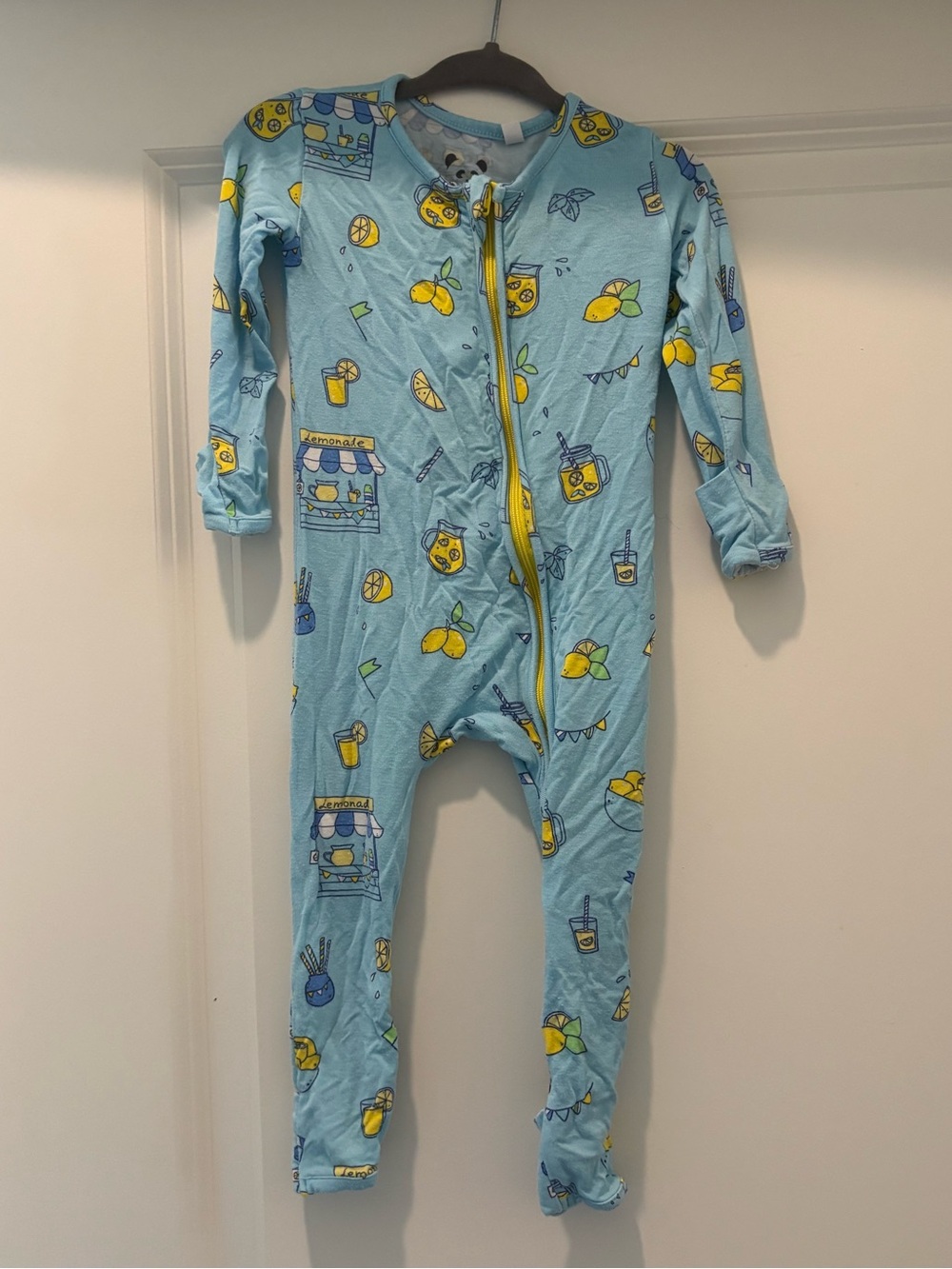 Light Blue Lemon Print Kids Footed One-Piece Pajama